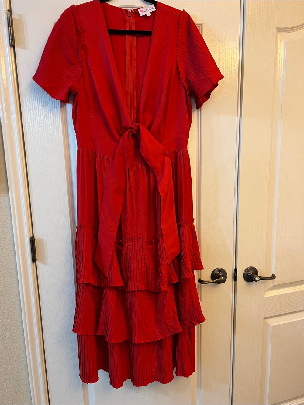 L'ATISTE Red Tiered Midi Dress with Front Tie